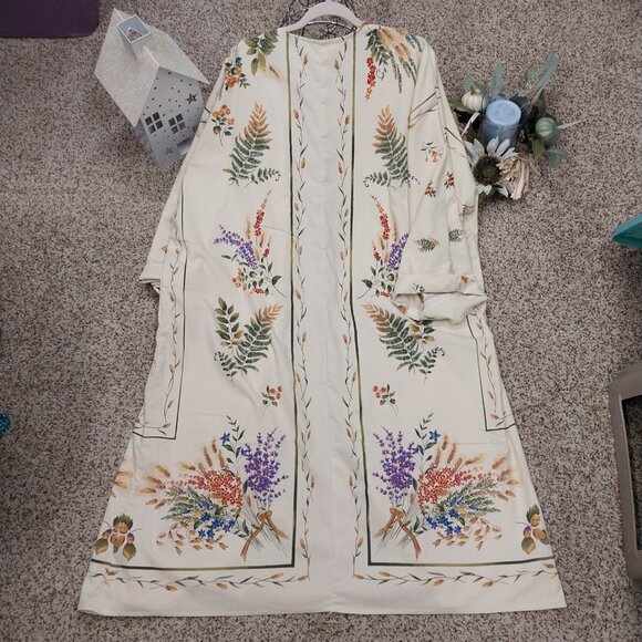 3501 Size XL Yellow and Green Long Length Duster Made from Linen  Tablecloth. - Picture 4 of 8